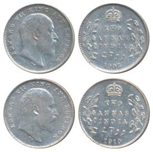 Edward VII, Silver 2 Annas (2), 1908, Calcutta Mint, (Prid 561); 1910, Calcutta Mint, dot 