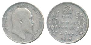 Edward VII, Silver 2 Annas, 1909, Calcutta Mint (Prid 562). Fine+.