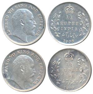 Edward VII, Silver ¼ Rupee (2), 1905, Calcutta Mint (Prid 434); 1906, Calcutta Mint, (Prid