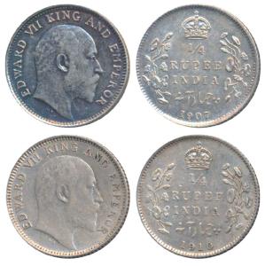 Edward VII, Silver ¼ Rupee (2), 1907, Calcutta Mint, (Prid 436); 1910, Calcutta Mint, (Pri