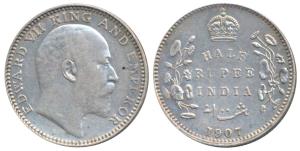 Edward VII, Silver ½ Rupee, 1907, Calcutta Mint (Prid 311). About Extremely Fine.