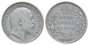 Edward VII, Silver ½ Rupee, 1907, Bombay Mint, B incuse and dot, (Prid 316). About Very Fi