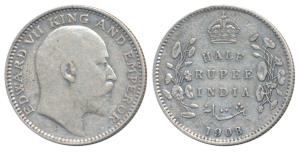 Edward VII, Silver ½ Rupee, 1908, Calcutta Mint, No mint mark, (Prid 312). Very Fine+.
