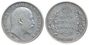 Edward VII, Silver ½ Rupee, 1909, Calcutta Mint, No mint mark, (Prid 313). Very Fine+.