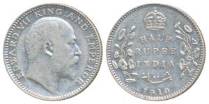 Edward VII, Silver ½ Rupee, 1910, Calcutta Mint (Prid 314). About Extremely Fine.