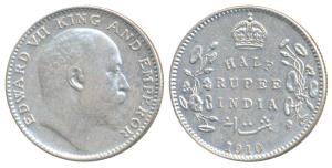 Edward VII, Silver ½ Rupee, 1910, Bombay Mint, B incuse and dot, small date numerals, (Pri