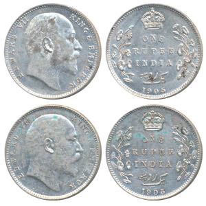 Edward VII, Silver Rupee (2), 1905, Bombay Mint, B incuse with dot on the vine, but both d