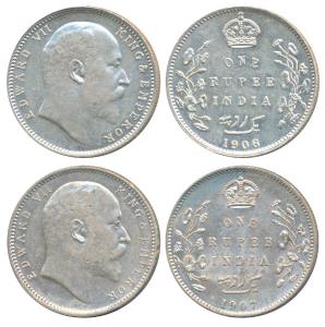 Edward VII, Silver Rupee (2), 1906, Bombay Mint, B incuse with dot on the vine (Prid 202);