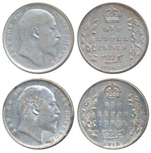 Edward VII, Silver Rupee (2), 1909, Bombay Mint, B incuse with dot on the vine, (Prid 205)