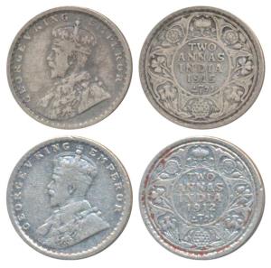 George V, Silver 2 Annas (2), 1912, Bombay Mint (Prid 571); 1915, Bombay Mint (Prid 574). 