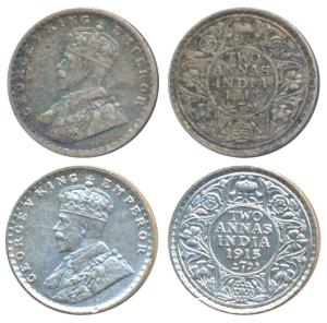 George V, Silver 2 Annas (2), 1913, Bombay Mint (Prid 566); 1915, Calcutta Mint, (Prid 568