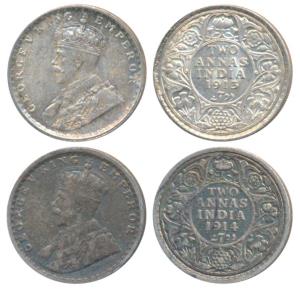 George V, Silver 2 Annas (2), 1913, Bombay Mint (Prid 572); 1914, Bombay Mint, (Prid 573).