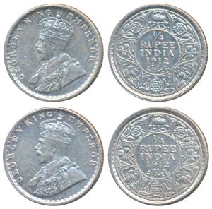George V, Silver ¼ Rupee (2), 1912, Calcutta Mint, (Prid 441); 1912, Bombay Mint (Prid 454