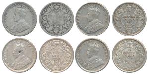 George V, Silver ¼ Rupee (4), 1915, Calcutta Mint (Prid 444); 1915, Bombay Mint (Prid 457)