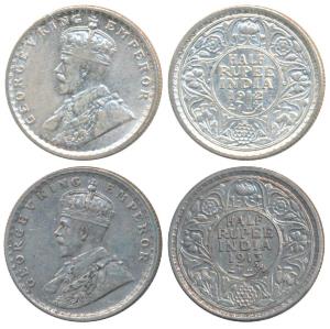 George V, Silver ½ Rupee (2), 1912 & 1913, Calcutta Mint (Prid 319 & 320). Very Fine+. (2)