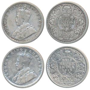 George V, Silver ½ Rupee (2), 1912 & 1913, Bombay Mint (Prid 336 & 337). About Very Fine. 