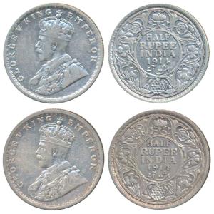 George V, Silver ½ Rupee (2), 1914, Calcutta & Bombay Mint (Prid 321 & 338). Very Fine and