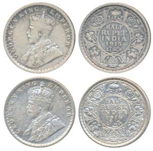 George V, Silver ½ Rupee (2), 1915 & 1916, Calcutta Mint (Prid 322 & 323). Very Fine and E