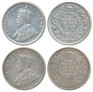 George V, Silver ½ Rupee (2), 1921 & 1924, Calcutta Mint (Prid 324 & 327). Very Fine+. (2)