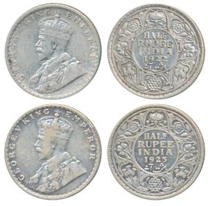 George V, Silver ½ Rupee (2), 1922 & 1923, Bombay Mint, (Prid 344 & 345). Very Fine. (2)