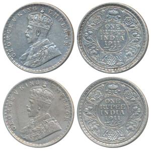 George V, Silver Rupee (2), 1911, Calcutta Mint (Prid 207); 1911, Bombay Mint, both Pig Ru