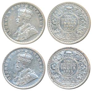 George V, Silver Rupee (2), 1913, Calcutta Mint, (Prid 209); Bombay Mint (Prid 219). About