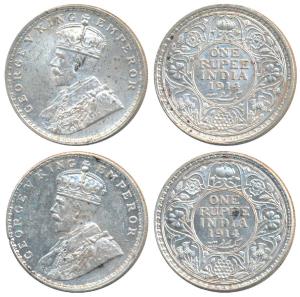 George V, Silver Rupee (2), 1914, Calcutta Mint, (Prid 210); 1914, Bombay Mint, (Prid 220)