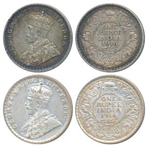 George V, Silver Rupee (2), 1916, Calcutta Mint, (Prid 212); 1916, Bombay Mint, (Prid 222)