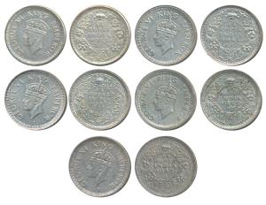 George VI, Silver ¼ Rupee (5), 1943, Calcutta Mint, rev. Ia / No dot (Prid 475); 1943, Bom