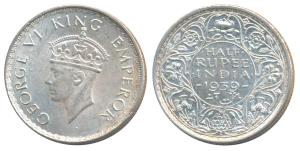 George VI, Silver ½ Rupee, 1939, Bombay Mint, 2nd head, A / I / dot, (Prid 353). Uncircula