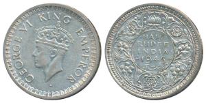 George VI, Half Silver ½ Rupee, 1945, Bombay Mint, D / Ia / dot, Large and Open 5 in Date,