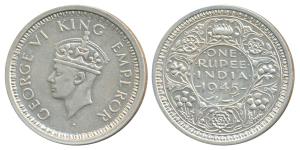 George VI, Half Silver Rupee, 1945, Bombay Mint, D / Ia / dot, Large and Open 5 in Date, U