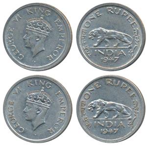 George VI, Nickel Rupee, 1947, Bombay Mint, (Prid 865); Lahore Mint, No mint mark, (Prid 8