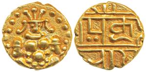 Nayakas of Chitradurga, Gold Durgi Pagoda, 3.4g, obv. Krishna as Bal Gopal, rev. Nagari le