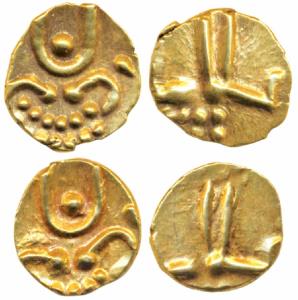 Vira Raya, Coorg, Gold Fanam (2), each 0.38g, obv. stylized lion standing right with cresc