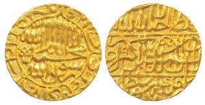 Akbar (AH 963-1014; 1556-1605 AD), Gold Mohur, 10.86g, Agra Mint, AH 974, Kalima on obv. (