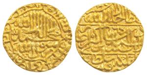 Akbar, Gold Mohur, 10.82g, Dar ul-Khilafat Jaunpur Mint, Kalima type, AH 976, obv. Kalima,