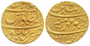 Aurangzeb, Gold Mohur, 10.98g, Burhanpur Mint, RY 1x, complete mint name at bottom on rev.