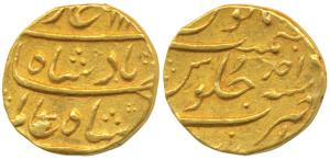 Shah Alam Bahadur, Gold Mohur, 10.75g, Surat Mint, AH 111X/Ahd (KM 356.14). Very Fine+.