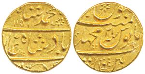 Muhammad Shah, Gold Mohur, 10.97g, Machhalipatan Mint, AH 1151/21, mint name split in two 