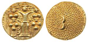 Gold 3 Swami Pagoda, 3.40g, obv. Lord Balaji standing with his wives, Bhudevi and Shridevi