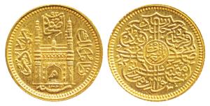 Mir Mahbub Ali Khan, Gold ¼ Ashrafi, 2.75g, Farkhanda Bunyad Hyderabad Mint, ‘mim’ in door