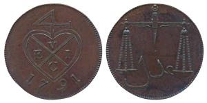 Copper Proof, 1 Pice / 4 Reas, 6.12g, 1791, obv. bale mark, rev. scales (Prid 129, KM 193)