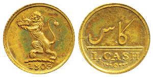 Gold Gilt Proof Cash, 0.61g, 1803, obv. lion holding a crown to left, rev. value in Englis