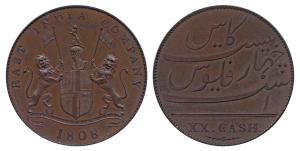 Proof Copper 20 Cash, 9.35g, obv. coat of arms of the EIC and date 1808, rev. value in Eng