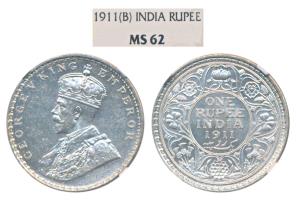 George V, Silver Rupee, 1911, Bombay Mint (Prid 217). Graded by NGC MS62.