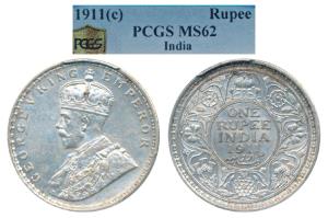 George V, Silver Rupee, 1911, Calcutta Mint (Prid 207).Graded by NGC MS62.