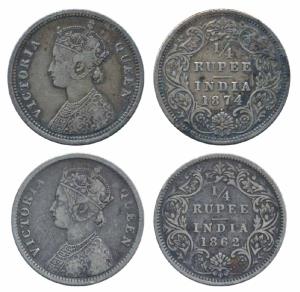 Victoria Queen, Silver ¼ Rupee (2), 1862, Bombay Mint, A / I / No mint mark, (Prid 377); 1