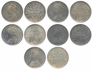 Victoria Queen, Silver Rupee (5), 1862, B / II / 0 / 3, (Prid 77); 1862, Bombay Mint, A / 