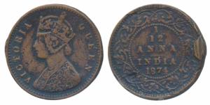Victoria Queen, Copper 1/12 Anna, 1874, Calcutta Mint (Prid 783). Very Fine, extra metal o